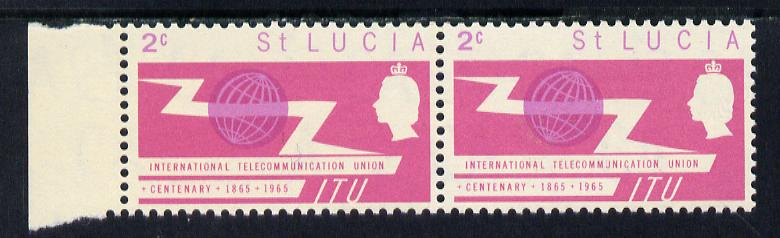 St Lucia 1965 ITU 2c horiz pair, one stamp with broken U in Communications unmounted mint, stamps on , stamps on  itu , stamps on  communications