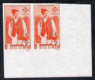 Rumania 1936 Accession Anniv 4L + 2L vermilion imperf pair unmounted mint, SG 1334var (Mi 513v), stamps on 