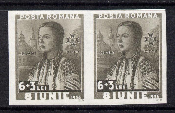 Rumania 1936 Accession Anniv 6L + 3L olive-grey imperf pair unmounted mint, SG 1335var (Mi 514v), stamps on xxx