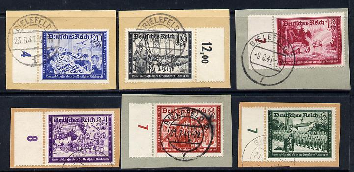 Germany 1941 Postal Employees Fund set each on piece fine cds used, SG 761-66, stamps on , stamps on  stamps on germany 1941 postal employees fund set each on piece fine cds used, stamps on  stamps on  sg 761-66