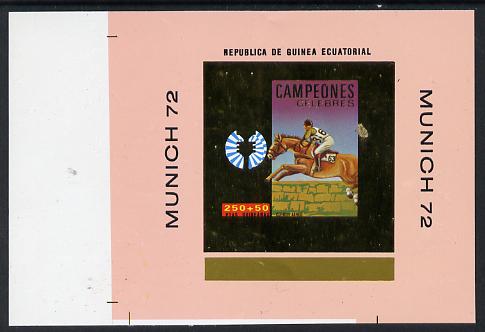 Equatorial Guinea 1972 Munich Olympics Show Jumping #1 individual imperf deluxe proof sheet in gold with pink border unmounted mint minor wrinkles, stamps on , stamps on  stamps on olympics, stamps on  stamps on horses