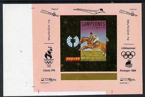 Equatorial Guinea 1972 Munich Olympics Show Jumping #1 individual imperf deluxe proof sheet in gold with pink border with overptints in margin unmounted mint minor wrinkles, stamps on , stamps on  stamps on olympics, stamps on  stamps on horses, stamps on  stamps on concorde, stamps on  stamps on satellites