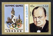 Fujeira 1972 Winston Churchill 45 Dh imperf with label (showing Houses of Parliament & Discus Thrower) from Olympics Games - People & Places set of 20 unmounted mint, Mi 1050B, stamps on , stamps on  stamps on constitutions    churchill       personalities        london       discus    parliament, stamps on  stamps on olympics       