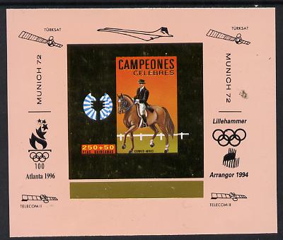 Equatorial Guinea 1972 Munich Olympics Show Jumping #4 individual imperf deluxe proof sheet in gold with pink border with overptints in margin unmounted mint minor wrinkles, stamps on , stamps on  stamps on olympics, stamps on  stamps on horses, stamps on  stamps on concorde, stamps on  stamps on satellites