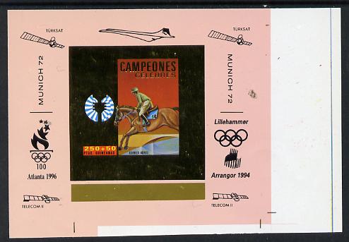 Equatorial Guinea 1972 Munich Olympics Show Jumping #5 individual imperf deluxe proof sheet in gold with pink border with overptints in margin unmounted mint minor wrinkles, stamps on , stamps on  stamps on olympics, stamps on  stamps on horses, stamps on  stamps on concorde, stamps on  stamps on satellites