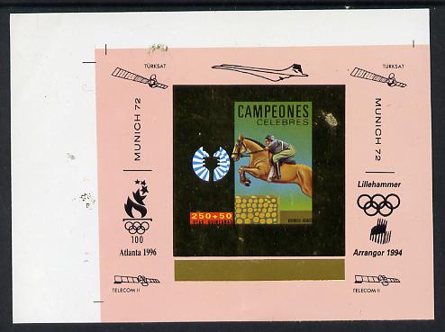 Equatorial Guinea 1972 Munich Olympics Show Jumping #6 individual imperf deluxe proof sheet in gold with pink border with overptints in margin unmounted mint minor wrinkles, stamps on , stamps on  stamps on olympics, stamps on  stamps on horses, stamps on  stamps on concorde, stamps on  stamps on satellites