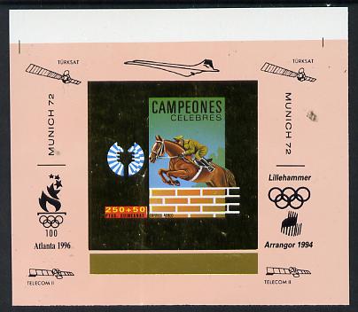 Equatorial Guinea 1972 Munich Olympics Show Jumping #7 individual imperf deluxe proof sheet in gold with pink border with overptints in margin unmounted mint minor wrinkles, stamps on , stamps on  stamps on olympics, stamps on  stamps on horses, stamps on  stamps on concorde, stamps on  stamps on satellites