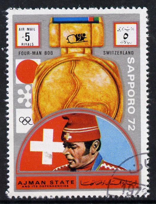 Ajman 1972 Sapporo Winter Olympic Gold Medallists - Switzerland Four-man Bob Sled 5r cto used Michel 1664, stamps on olympics, stamps on 