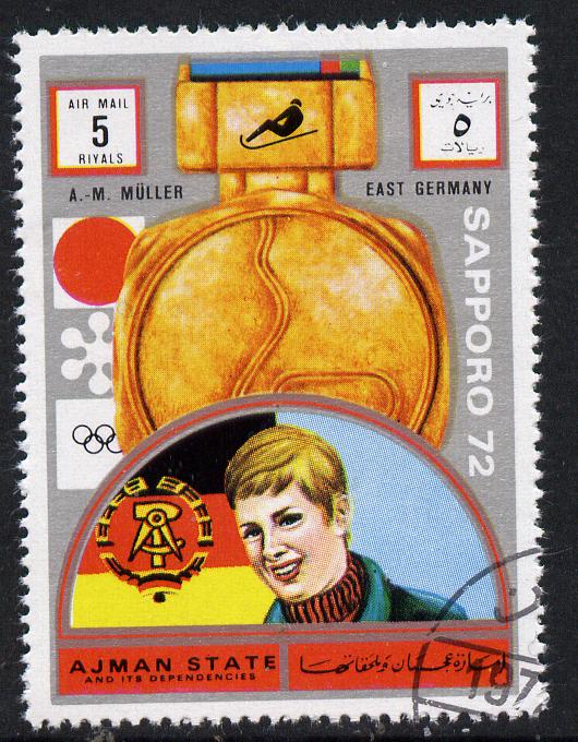 Ajman 1972 Sapporo Winter Olympic Gold Medallists - East Germany Muller Bob Sled 5r cto used Michel 1650, stamps on olympics, stamps on 