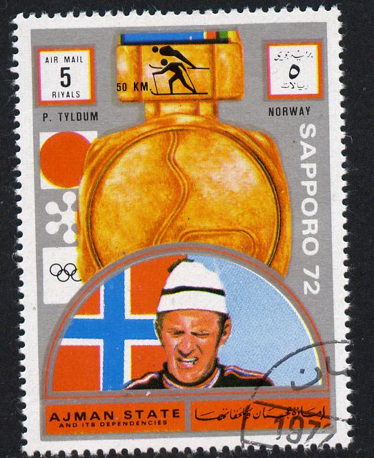 Ajman 1972 Sapporo Winter Olympic Gold Medallists - Norway Tyldum Cross-Country Skiing 5r cto used Michel 1640, stamps on olympics, stamps on skiing