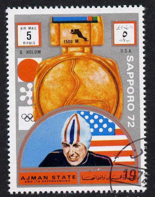 Ajman 1972 Sapporo Winter Olympic Gold Medallists - USA Holum Speed Skating 5r cto used Michel 1648, stamps on olympics, stamps on skating