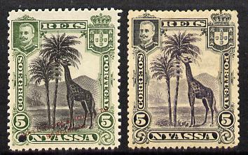 Nyassa Company 1901 Giraffe 5r colour trial in black & green with security punch hole plus issued stamp both mounted mint, as SG 28, stamps on , stamps on  stamps on animals, stamps on  stamps on giraffes