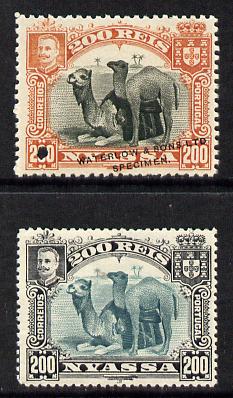 Nyassa Company 1901 Dromedaries 200r Waterlow printers sample in black & obrown-orange with security punch hole and overprinted Waterlow & Sons Lts, Specimen without gum ..., stamps on animals, stamps on camels