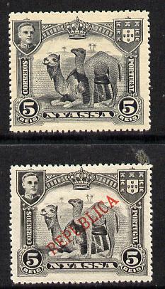 Nyassa Company 1911 Dromedaries 5r with REPUBLICA overprint omitted plus normal both mounted mint, SG 54var, stamps on , stamps on  stamps on animals, stamps on  stamps on camels