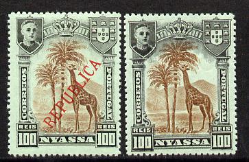 Nyassa Company 1911 Giraffe 100r with REPUBLICA overprint omitted plus normal both mounted mint, SG 60var, stamps on , stamps on  stamps on animals, stamps on  stamps on giraffes