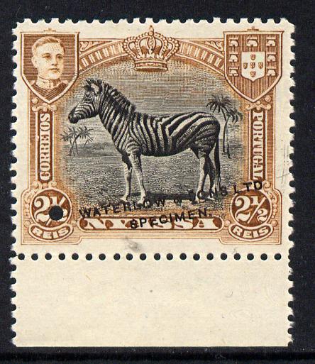 Nyassa Company 1911 Zebra 2.5r Waterlow printer's sample in black & brown with security punch hole and overprinted Waterlow & Sons Lts, Specimen without gum as SG 53, stamps on , stamps on  stamps on animals, stamps on  stamps on zebra