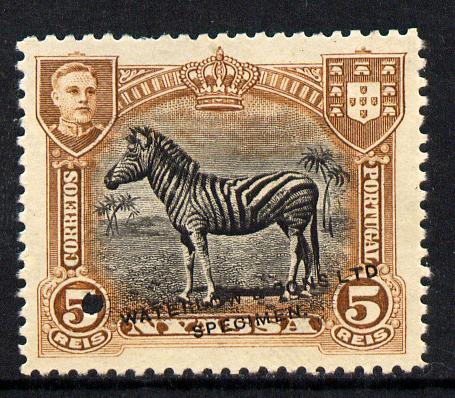 Nyassa Company 1911 Zebra 5r Waterlow printers sample in black & brown with security punch hole and overprinted Waterlow & Sons Lts, Specimen without gum as SG 54, stamps on animals, stamps on zebra