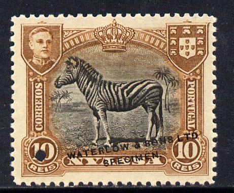 Nyassa Company 1911 Zebra 10r Waterlow printers sample in black & brown with security punch hole and overprinted Waterlow & Sons Lts, Specimen without gum as SG 55, stamps on animals, stamps on zebra
