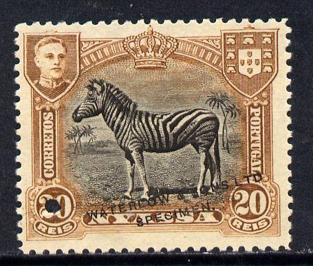 Nyassa Company 1911 Zebra 20r Waterlow printers sample in black & brown with security punch hole and overprinted Waterlow & Sons Lts, Specimen without gum as SG 56, stamps on animals, stamps on zebra