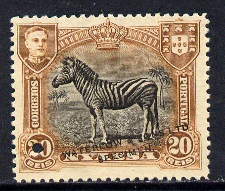 Nyassa Company 1911 Zebra 20r Waterlow printer's sample in black & brown with security punch hole and overprinted Waterlow & Sons Lts, Specimen without gum as SG 56, stamps on , stamps on  stamps on animals, stamps on  stamps on zebra
