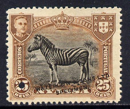 Nyassa Company 1911 Zebra 25r Waterlow printers sample in black & brown with security punch hole and overprinted Waterlow & Sons Lts, Specimen without gum as SG 57, stamps on animals, stamps on zebra