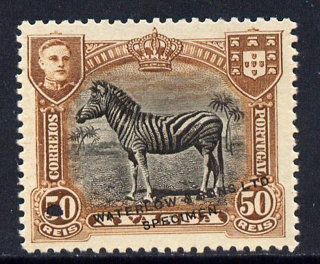 Nyassa Company 1911 Zebra 50r Waterlow printers sample in black & brown with security punch hole and overprinted Waterlow & Sons Lts, Specimen without gum as SG 58, stamps on animals, stamps on zebra