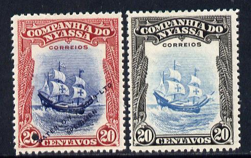 Nyassa Company 1921 Vasco da Gamas Flagship St Gabriel 20c Waterlow printers sample in blue & red with security punch hole and overprinted Waterlow & Sons Lts, Specimen w..., stamps on shps, stamps on explorers