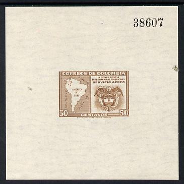 Colombia 1948 Ninth Pan-American Congress 50c brown imperf die proof on ungummed paper, unissued, stamps on maps