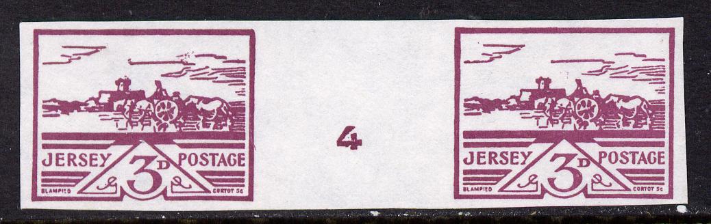 Jersey 1943-44 Occupation 3d violet imperf inter-paneau gutter pair as designed by Blampied on ungummed paper and assumed to be a reprint, as SG 8, stamps on , stamps on  stamps on , stamps on  stamps on  kg5 , stamps on  stamps on  ww2 , stamps on  stamps on 