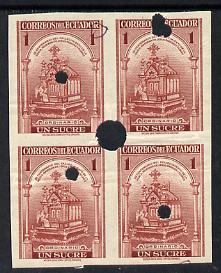 Ecuador 1946 30th Death Anniv of Blessed Mariana 1s Urn imperf proof block of 4 with security punctures with flaw high-lighted by checker for correcting on gummed paper a..., stamps on religion