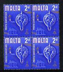 Malta 1965-70 Historical def 2d block of 4 showing a 1.5mm misplacement of the pink to left unmounted mint, stamps on , stamps on  stamps on malta 1965-70 historical def 2d block of 4 showing a 1.5mm misplacement of the pink to left unmounted mint