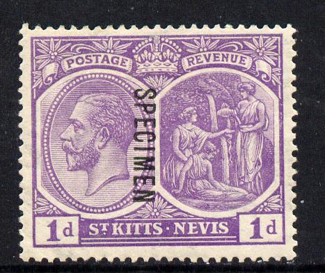 St Kitts-Nevis 1921-29 KG5 Script CA Columbus 1d violet overprinted SPECIMEN fine with gum only about 400 produced SG 39s, stamps on specimen, stamps on  kg5 , stamps on 