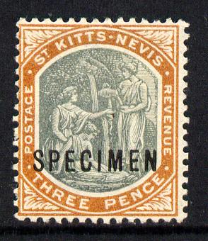 St Kitts-Nevis 1903 Crown CA Medicinal Spring 3d opt'd SPECIMEN, with little or no gum, only 730 produced SG 5s, stamps on , stamps on  stamps on specimen