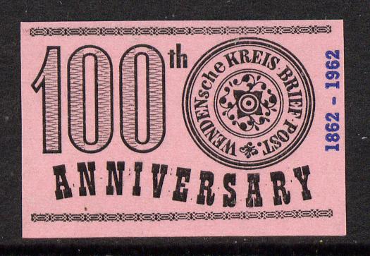 Russia 1963 100th Anniversary of Wenden Serbia Kreis Post imperf label black on pink paper unmounted mint, stamps on , stamps on  stamps on postal