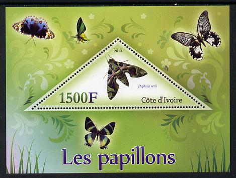 Ivory Coast 2013 Butterflies #1 perf deluxe sheet containing one triangular value unmounted mint, stamps on , stamps on  stamps on butterflies, stamps on  stamps on triagulars