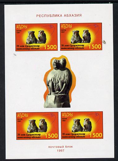 Abkhazia 1997 Monkeys (red background) imperf sheetlet containing 4 values unmounted mint, stamps on , stamps on  stamps on animals, stamps on  stamps on monkeys, stamps on  stamps on apes