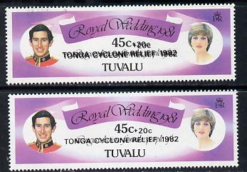 Tuvalu 1982 Royal Wedding 45c+20c (Charles & Diana) optd Tonga Cyclone Relief with opt doubled plus normal both unmounted mint, SG 188b, stamps on disasters, stamps on environment, stamps on royalty, stamps on weather