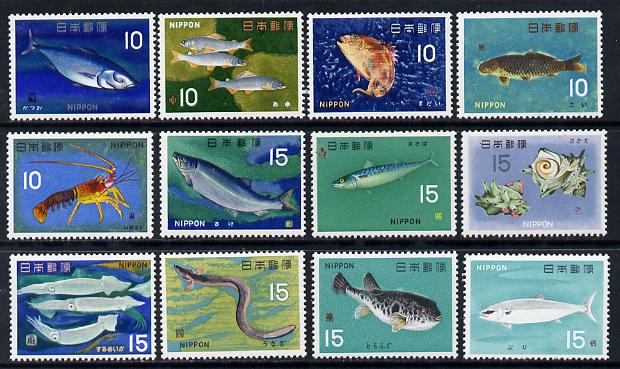 Japan 1966 Fishery Products definitive set of 12 unmounted mint, SG 1021-32, stamps on fish, stamps on fishing