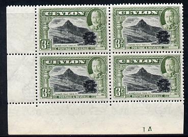 Ceylon 1935-36 KG5 Adam's Peak 3c SW corner block of 4 with Plate Number 1A unmounted mint SG 369, stamps on , stamps on  stamps on , stamps on  stamps on  kg5 , stamps on  stamps on mountains