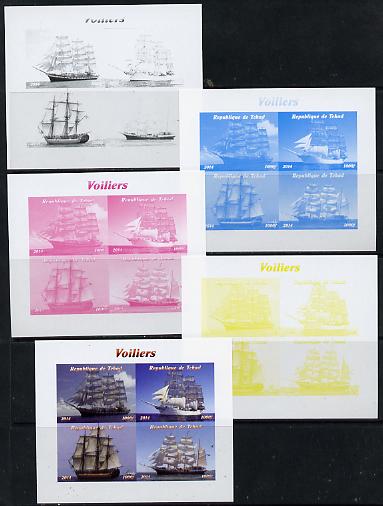 Chad 2014 Sailing Ships #1 sheetlet containing 4 values - the set of 5 imperf progressive proofs comprising the 4 individual colours plus all 4-colour composite, unmounte..., stamps on ships