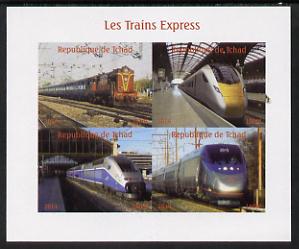 Chad 2014 High Speed Trains #1 imperf sheetlet containing 4 values unmounted mint. Note this item is privately produced and is offered purely on its thematic appeal. . , stamps on railways