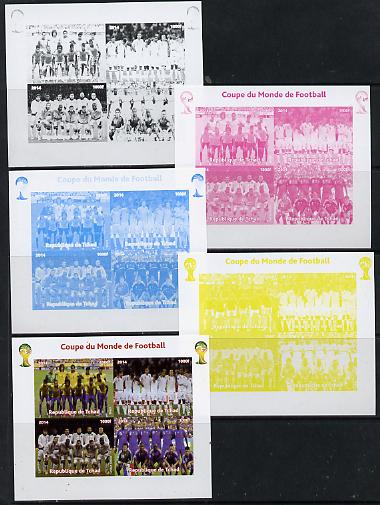 Chad 2014 Football World Cup #1 sheetlet containing 4 values - the set of 5 imperf progressive proofs comprising the 4 individual colours plus all 4-colour composite, unmounted mint , stamps on , stamps on  stamps on football