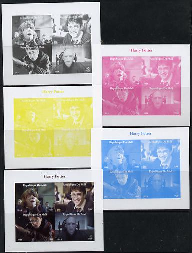 Mali 2014 Harry Potter sheetlet containing 4 values - the set of 5 imperf progressive proofs comprising the 4 individual colours plus all 4-colour composite, unmounted mi..., stamps on films, stamps on fantasy, stamps on cinema, stamps on literature, stamps on children, stamps on movies