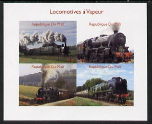 Mali 2014 Steam Locomotives #1 imperf sheetlet containing 4 values unmounted mint. Note this item is privately produced and is offered purely on its thematic appeal, it h..., stamps on railways