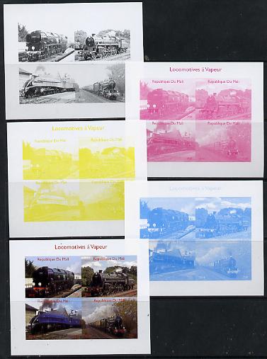 Mali 2014 Steam Locomotives #2 sheetlet containing 4 values - the set of 5 imperf progressive proofs comprising the 4 individual colours plus all 4-colour composite, unmo..., stamps on railways