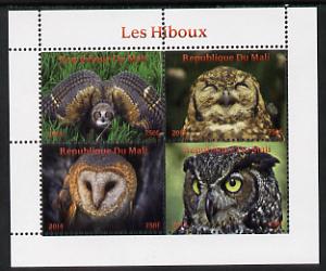 Mali 2014 Owls perf sheetlet containing 4 values unmounted mint. Note this item is privately produced and is offered purely on its thematic appeal, stamps on , stamps on  stamps on birds, stamps on  stamps on birds of prey, stamps on  stamps on owls