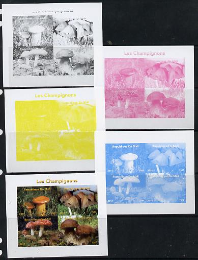 Mali 2014 Mushrooms #1 sheetlet containing 4 values - the set of 5 imperf progressive proofs comprising the 4 individual colours plus all 4-colour composite, unmounted mi..., stamps on fungi