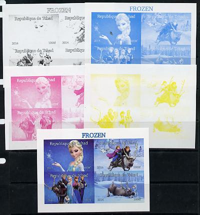 Chad 2014 Walt Disney's Frozen #1 sheetlet containing 4 values - the set of 5 imperf progressive proofs comprising the 4 individual colours plus all 4-colour composite, unmounted mint , stamps on films, stamps on movies, stamps on cinema, stamps on cartoons, stamps on disney, stamps on 