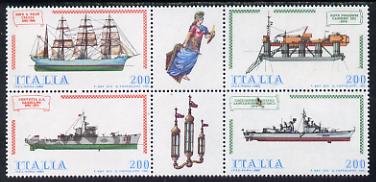 Italy 1980 Ship-building 3rd series se-tenant block of 6 (4 stamps plus 2 labels) unmounted mint SG 1691a, stamps on ships