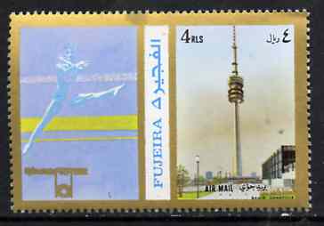 Fujeira 1972 TV Tower, Munich 4R perf se-tenant with label (showing Gymnastics) from Olympics Games - People & Places set of 20 unmounted mint, Mi 1058A, stamps on gymnastics, stamps on  tv , stamps on , stamps on  gym , stamps on gymnastics, stamps on olympics